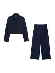 Casual Co Ord Set Pant Sets 2024 Short Bomber Jacket And High Waist Drawstring Tie Wide Leg Trousers 2 Piece Sets Women Outfit