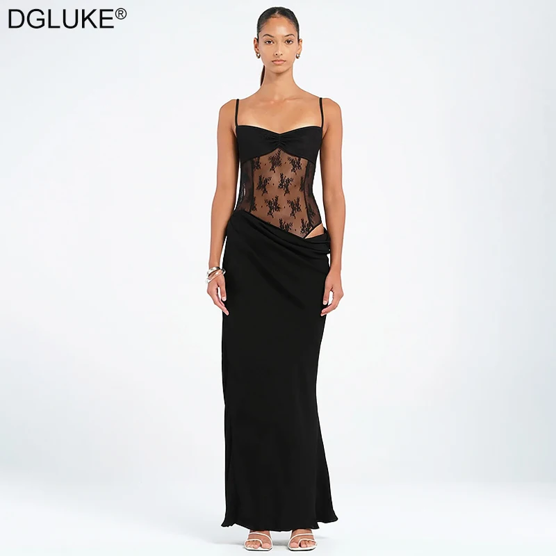 

DGLUKE Spaghetti Strap Lace Patchwork Maxi Dress Woman Elegant Luxurious Evening Dresses 2025 Sheer Bodysuit With Draped Skirt