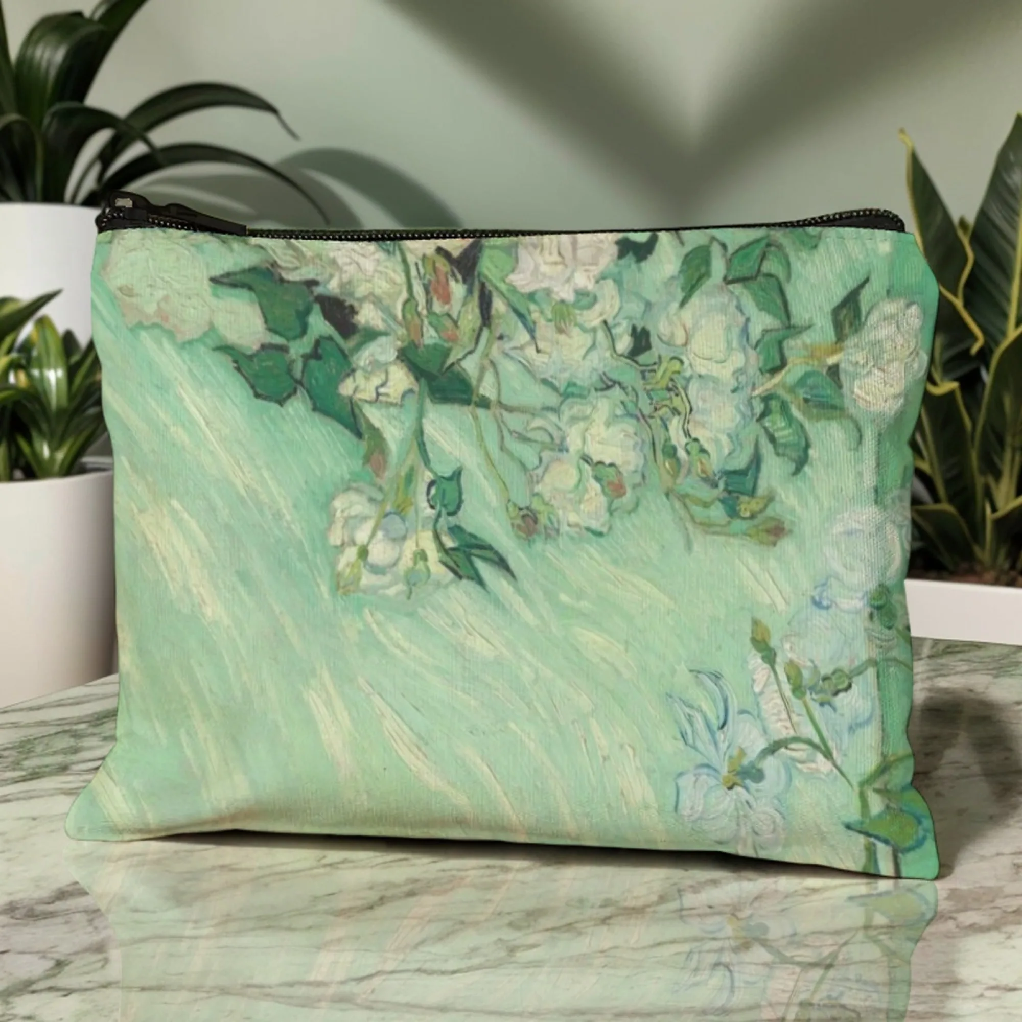 Van Gogh - Style Green Floral Canvas Makeup Bag with Zipper, Artistic Vintage Cosmetic Organizer for Women Travel & Daily Use