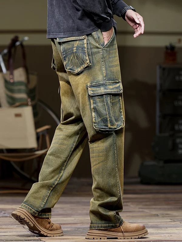 

Loose Straight Leg Men's Jeans Multi-Pocket American Workwear Style Large Size Military Green Trendy Brand Casual Wear