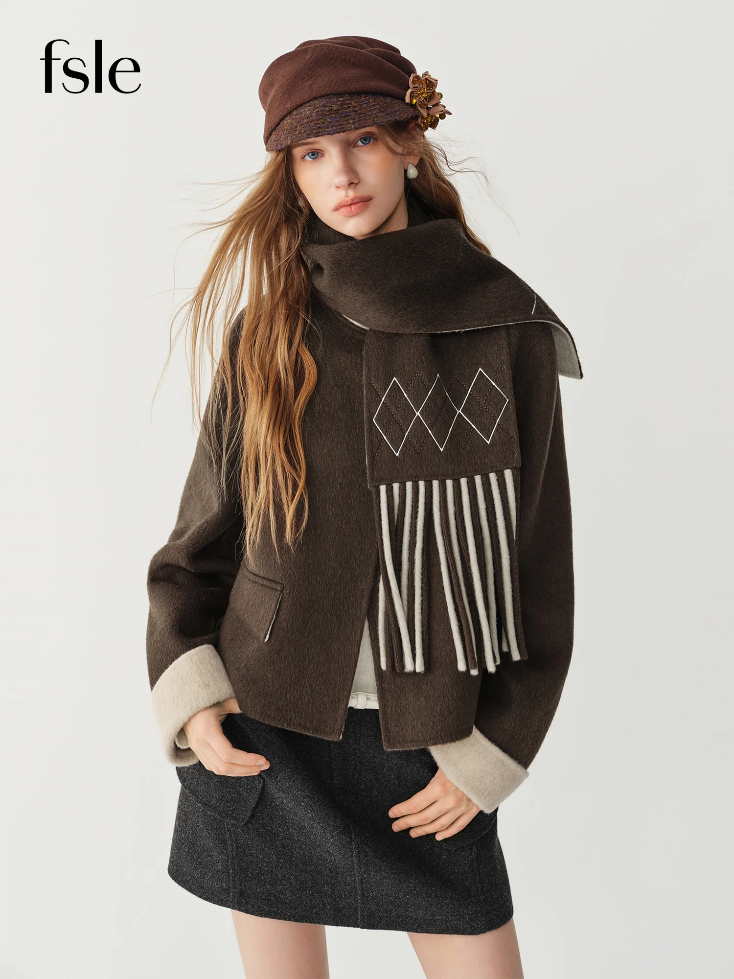 FSLE Women Round Neck One Button 100% Wool Double-Faced Short Coat with Fringe Scarf Winter Brown Color Block Jacket