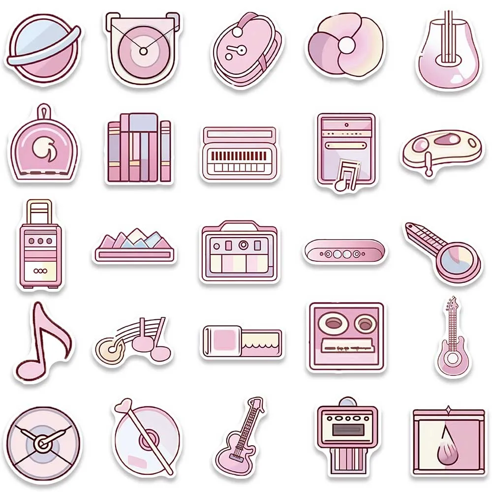 50pcs Cute Pink Cartoon Musical Instruments Stickers For Luggage Laptop Guitar Phone Waterproof Graffiti Bicycle Car Decals