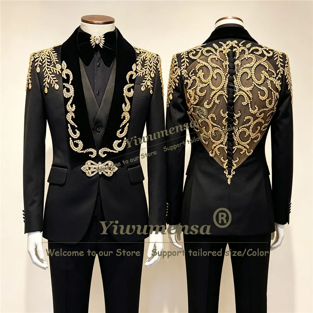 Exquisite Illusion Tulle Back Men's Suit Gold Beadwork Crystals Velvet Lapel Prom Blazer Customized 3 Piece Groom Wedding Tuxedo