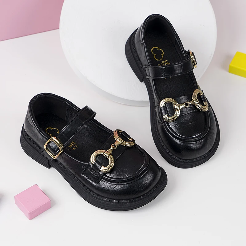 2023 Spring New Girls Leather Shoes Round Toe British Style Retro Metal Buckle Soft Kids Fashion Princess Loafers Shallow Causal