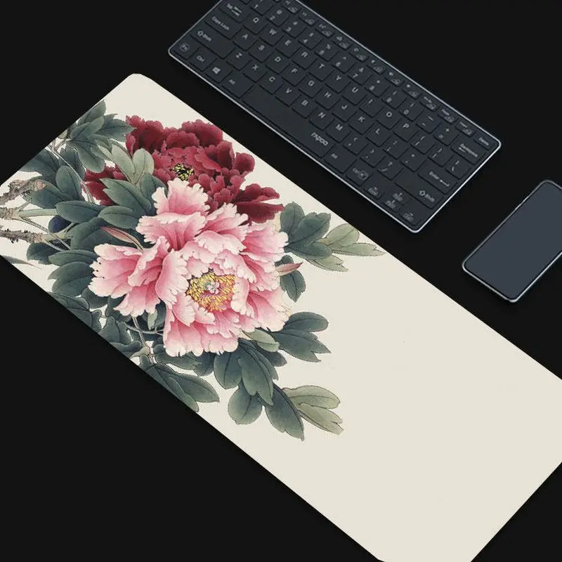 VIKAMA Traditional Chinese Peony Mousepad Black Background Ink Floral Waterproof Non Slip Oversized Computer Desk Mat