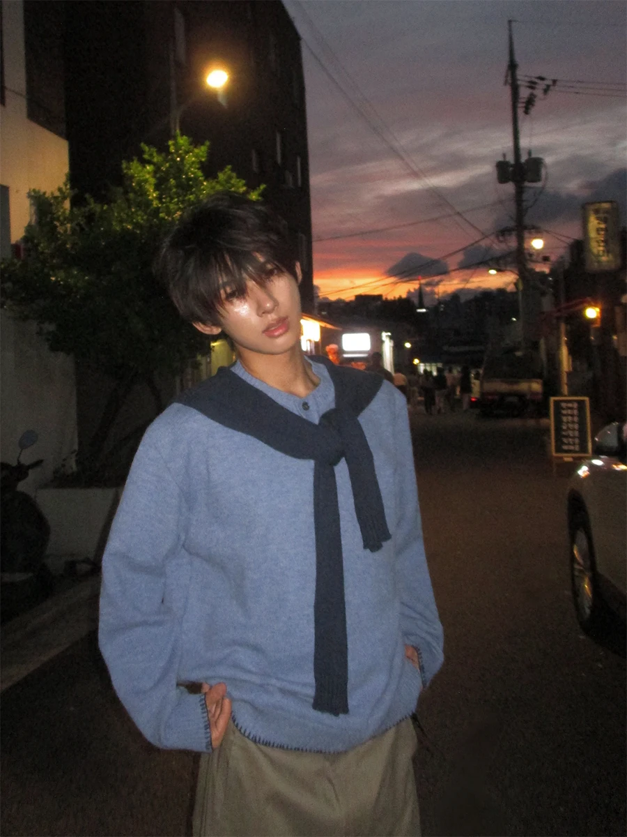 

American Sle Fake Two-Piece oulder Design round Ne Knitwear Men's Autumn Winter Casual Versatile High-End Feeling Outer...