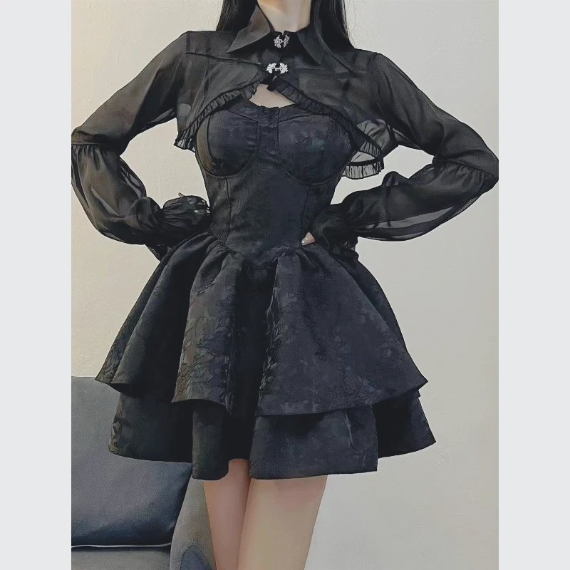 

Sweet and Cool Spice Girl Temperament Small Black Dress Heavy Industry Jacquard Suspender Fluffy Skirt + Cardigan Vest Fashion