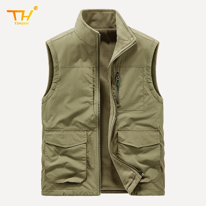 TINGHUO Winter men's vest coat double-sided multi-pocket sleeveless jacket mens outdoor fishing warm waist coat