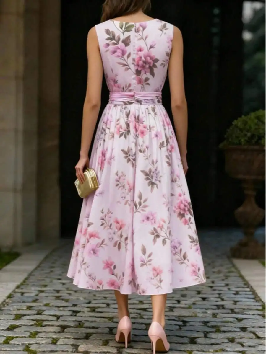 

Elegant Vintage Floral Chiffon Midi Dress Sleeveless V Neck A Line Flared Hem For Women