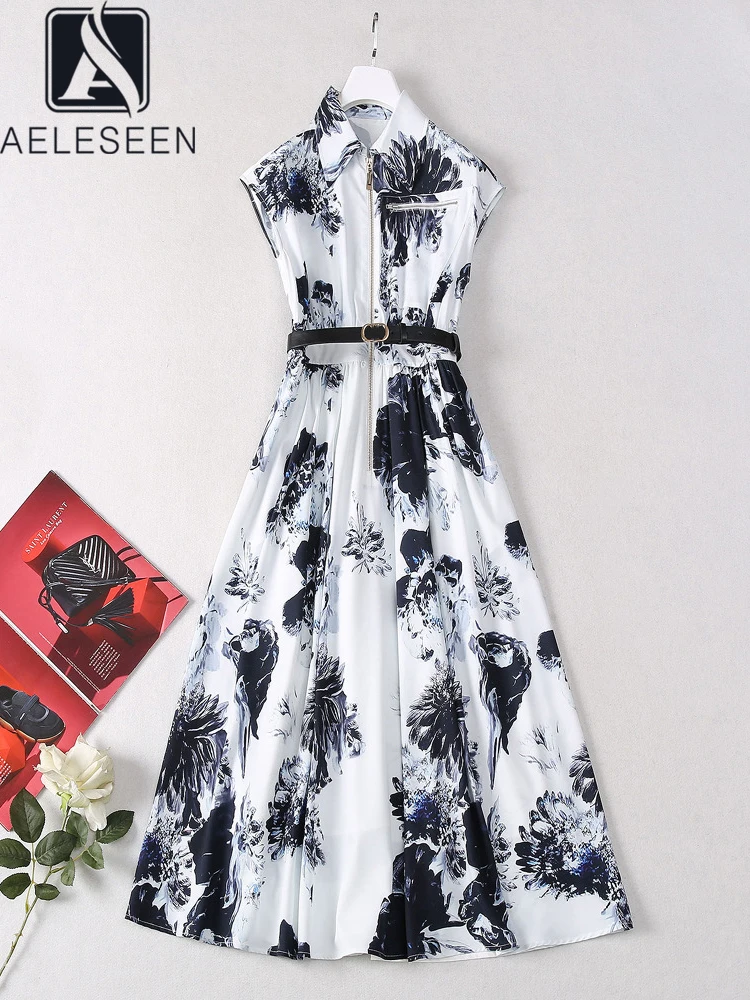 

AELESEEN Women Summer Long Dress Designer Fashion Turn-down Collar Flower Print Zipper Blet Elegant Office Ladies Party