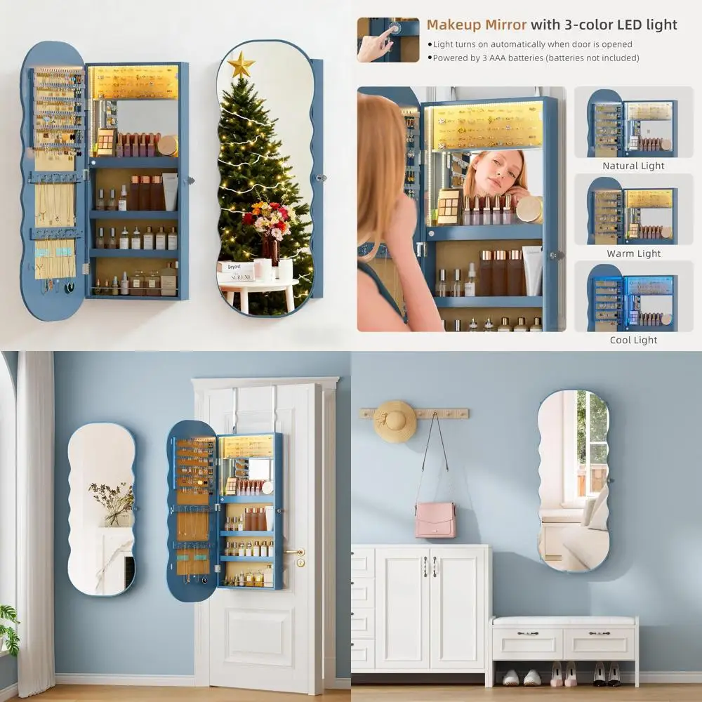 

LED-Illuminated Wall-Mounted Jewelry Cabinet with Blue Storage, Lockable Frameless Mirror and Wavy Design