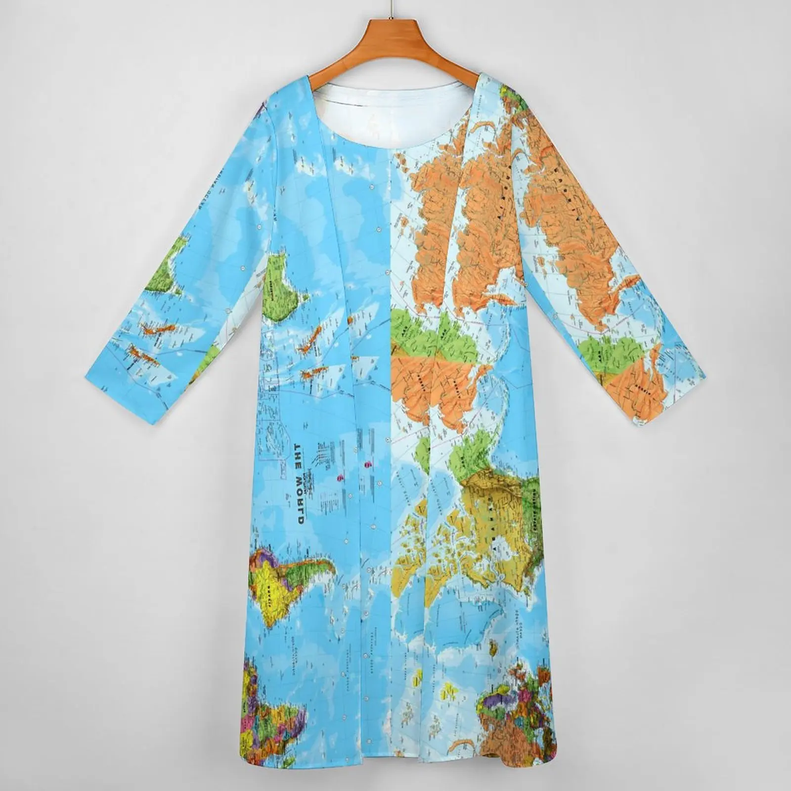 World Map Dress Long Sleeve Vintage Print Street Style Boho Beach Long Dresses Ladies Modern Maxi Dress Birthday Present