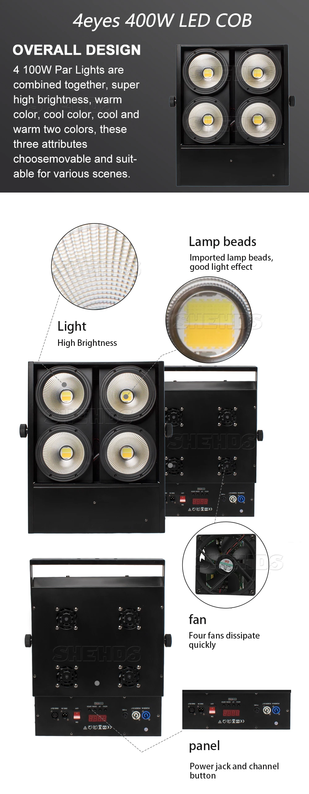 SHEHDS 4x100w Kühles Warmweiß COB Par 400w Blinder Publikum Licht Für DJ Disco Weihnachtsdekoration Waschen Strobe-Effekt – Detail 3