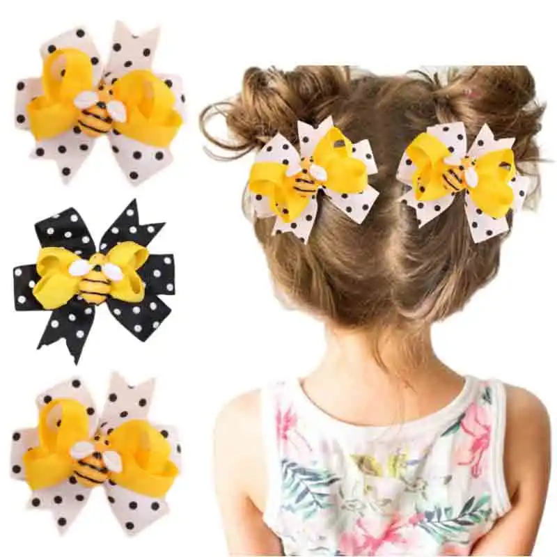 

ncmama 2Pcs Cute Bee Bow Hairpin for Baby Girl Lovely Dot Print Bowknote Hairclip Kids Barrettes Headwear Korea Hair Accessories