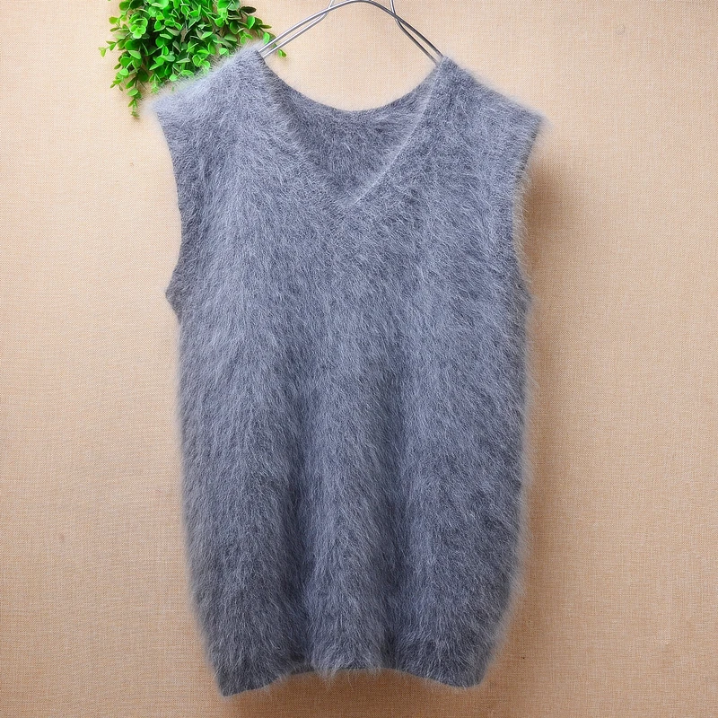 Ladies Women Vintage Fashion Hairy Angora Rabbit Hair Knitted Sleeveless Short Sleeves Loose Pullover Vest Jumper Sweater Pull