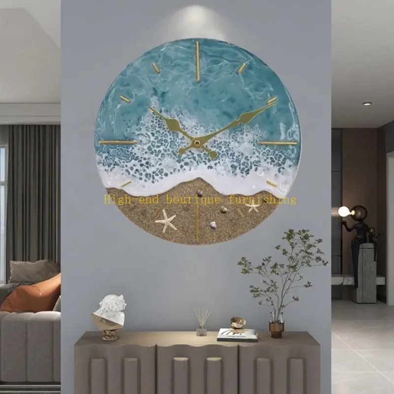L9NB Resin Waterproof Round Coastal Wall Clock with Gold Hands Ocean Art for Living Room Entryway Beach Decors Display and