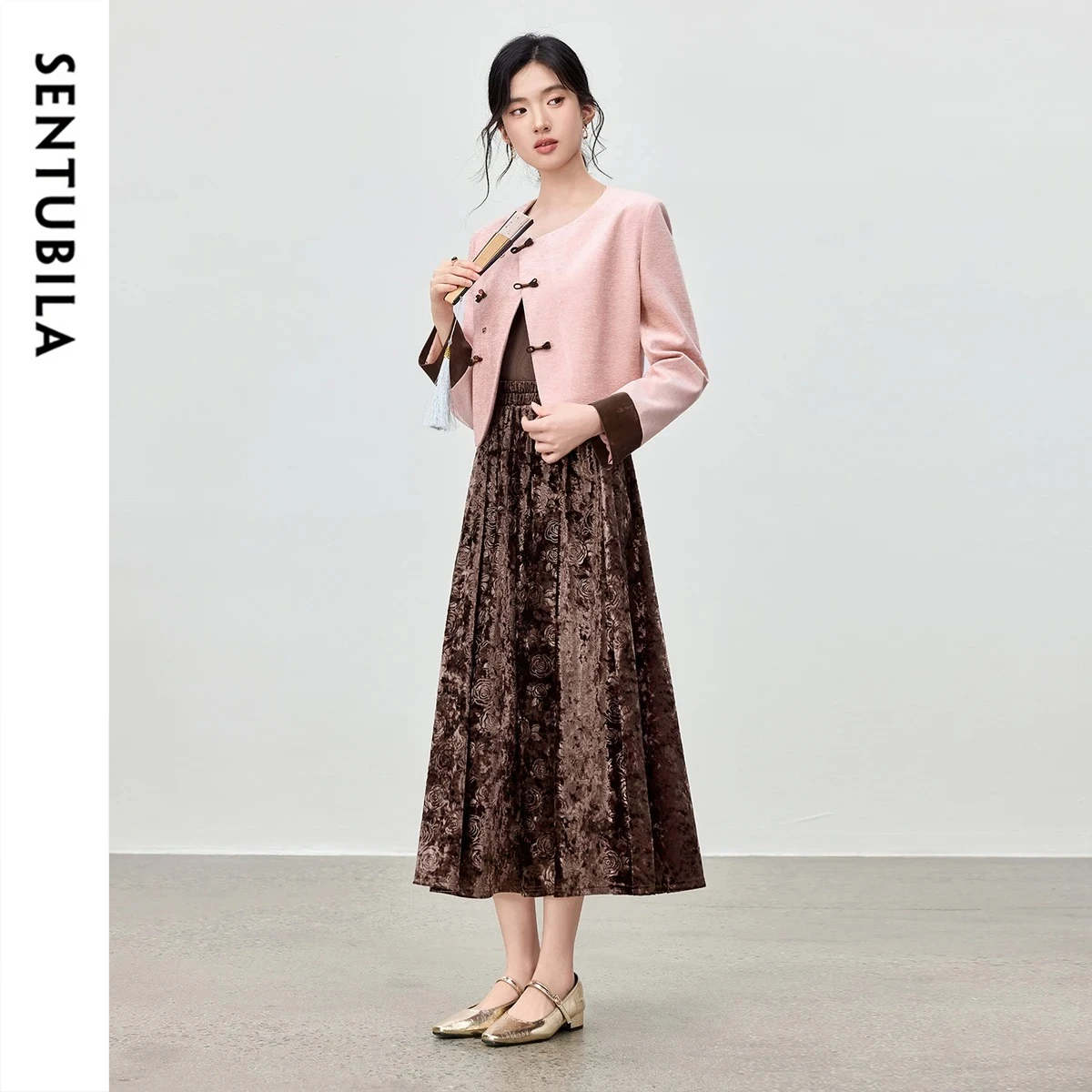 

SENTUBILA Women's 2 Piece Skirt Set 2026 Winter Chinese Style PU Leather Jacket Rose Midi Skirt Ladies Clothes Q53ZJ4647Z