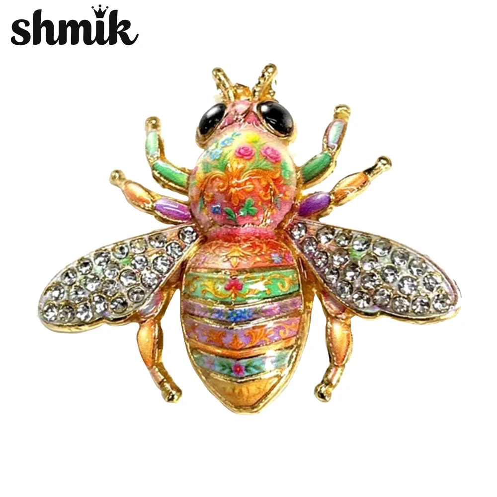 Vintage Colorful Enamel Bee Brooch Rhinestone Crystal Bumblebee Pin Insect Animal Badge Fashion Suit Jewelry Gift For Women