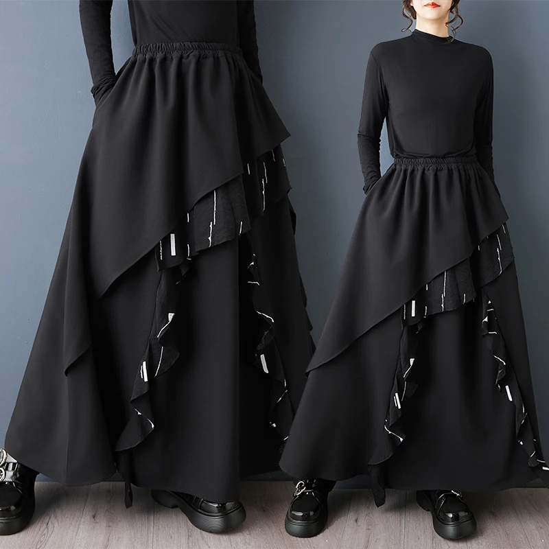 k Sle تنورة عالية الخصر غير متناظرة على شكل حرف A مجموعة ربيع أنيقة من ألياف البوليستر تنورة متوسطة الطول فضفاضة