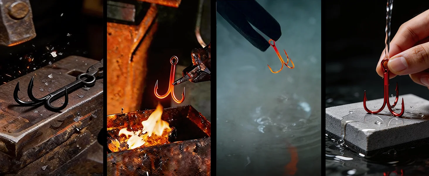 FishTrip 25 Stück Rote Dreifachhaken Scharfe Rundbogen-Angelhaken für Barsch und Forelle Rostfrei Rot Beschichtete Dreifachhaken – Detail 6