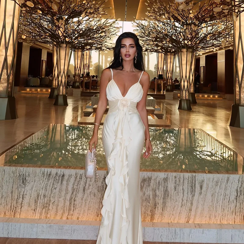 Chic elegante cetim maxi vestido para mulher 3d flor plissado sem costas fino ajuste sem mangas plissado vestido longo festa à noite clubwear