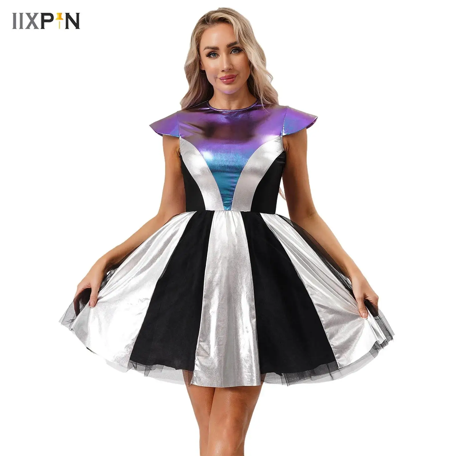 

Women's Space Alien Costume Shiny Metallic Patchwork Color Block Short Sleeve Puffy Dress for Halloween Cosplay Themed Parties