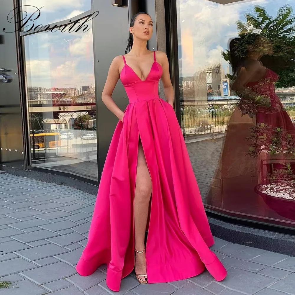 

Bowith Sexy Spaghetti Straps Evening Dresses V-Neck A-Line High Slit Long Prom Dresses 2025 Customized vestidos de fiesta