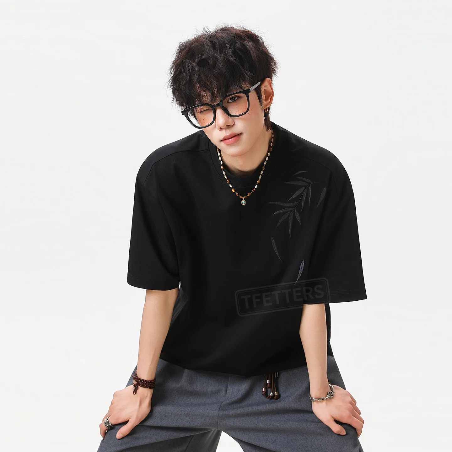TFETTERS 2026 Summer New Chinese Style O Neck Men T-Shirt Loose Fit Half Sleeve Bamboo Embroidery Cotton Fashion Men Tshirt