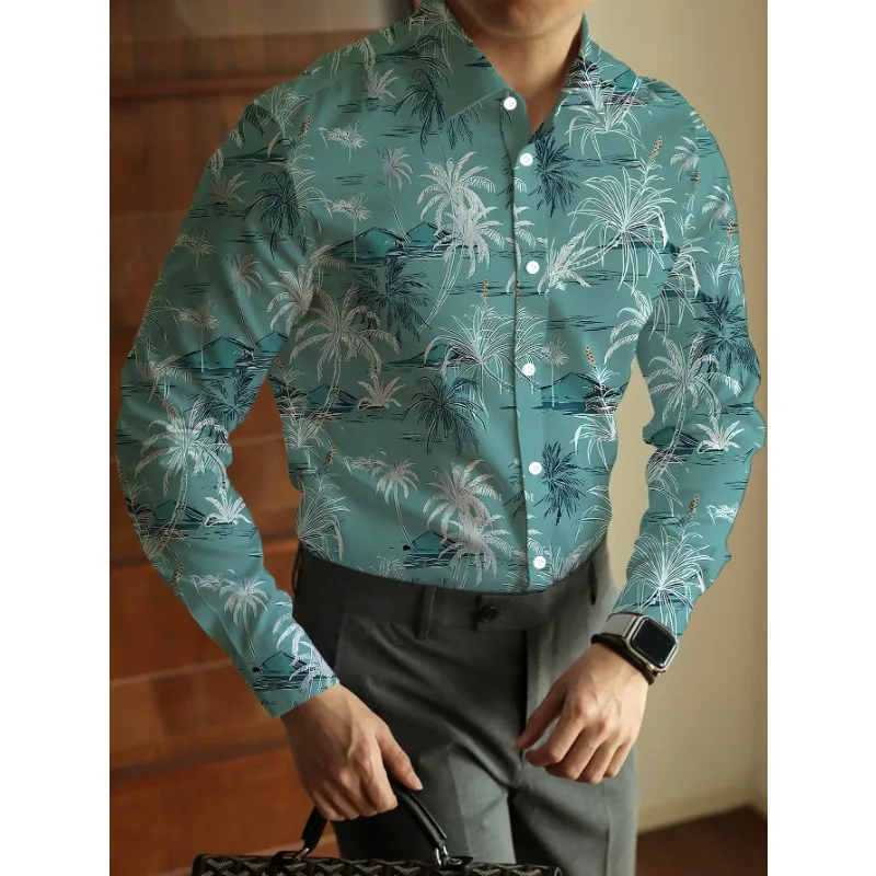 Camisa elegante de manga comprida para homens, fibra elástica com estampa floral tropical, ajuste regular, design de fecho, conforto durante todo o ano e d