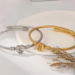 Initial Letter Stainless Steel Cuff Bracelet For Women 26 Alphabet Heart Charm Bangle Female Fashion Birthday Party Jewelry