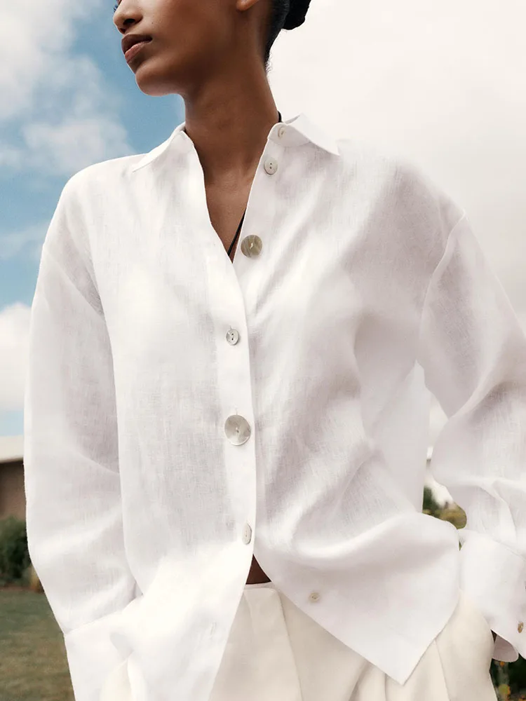 

Casual Long Sve Collar irt Women's Autumn New Sle Button Decoration Splicing irt Loose Fit Sle Pure Color