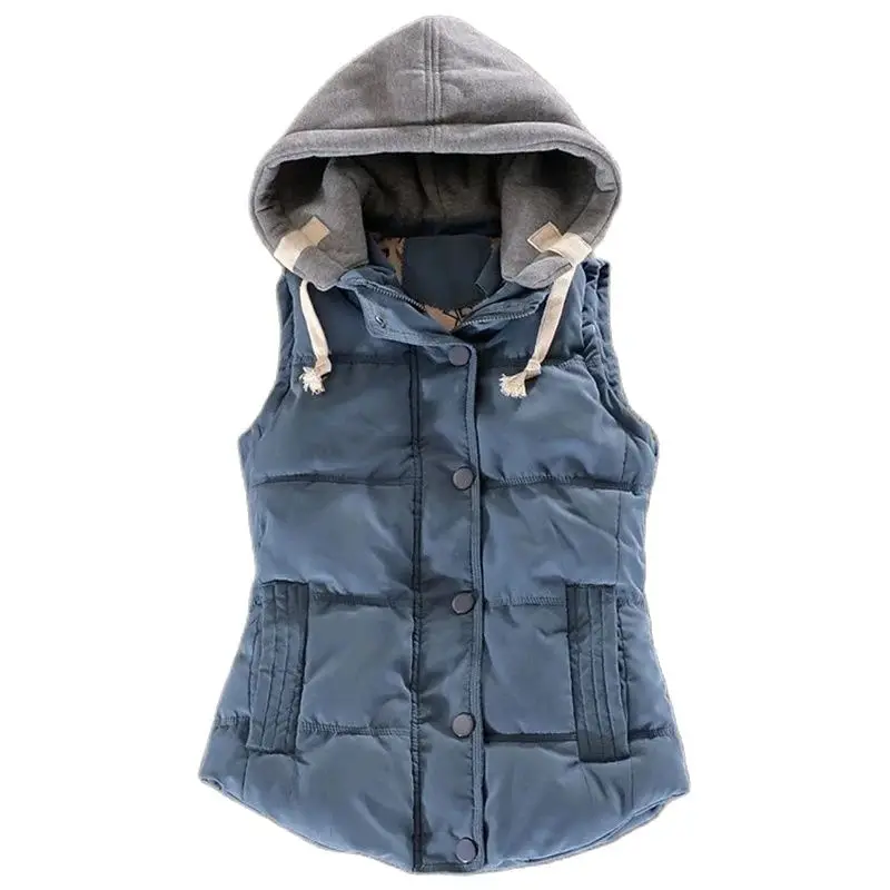 

Autumn Winter Short Down Cotton Vest Coat Women New Loose Hooded Vests Jacket Covered Button Outerwear Fashion Waistcoat Female