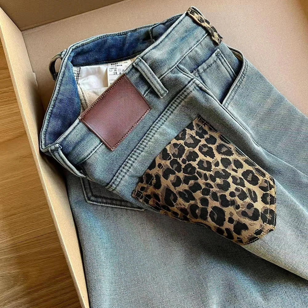 المرأة ليوبارد طباعة التصحيح جيب الجينز الشتاء سميكة الدافئة المخملية أفخم الدنيم السراويل موضة عالية الخصر مستقيم فضفاض بنطلون