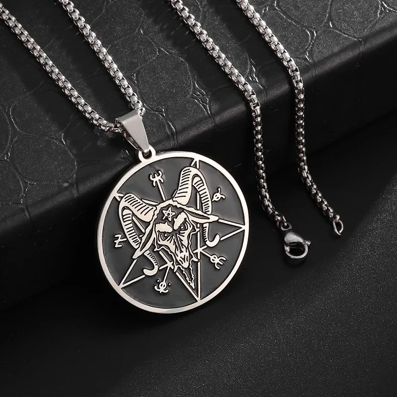 Lucifer Inverted Pentagram Devil Satan Goat Pendant Necklace for Men Women Stainless Steel Round Medal Amulet Jewelry Gifts