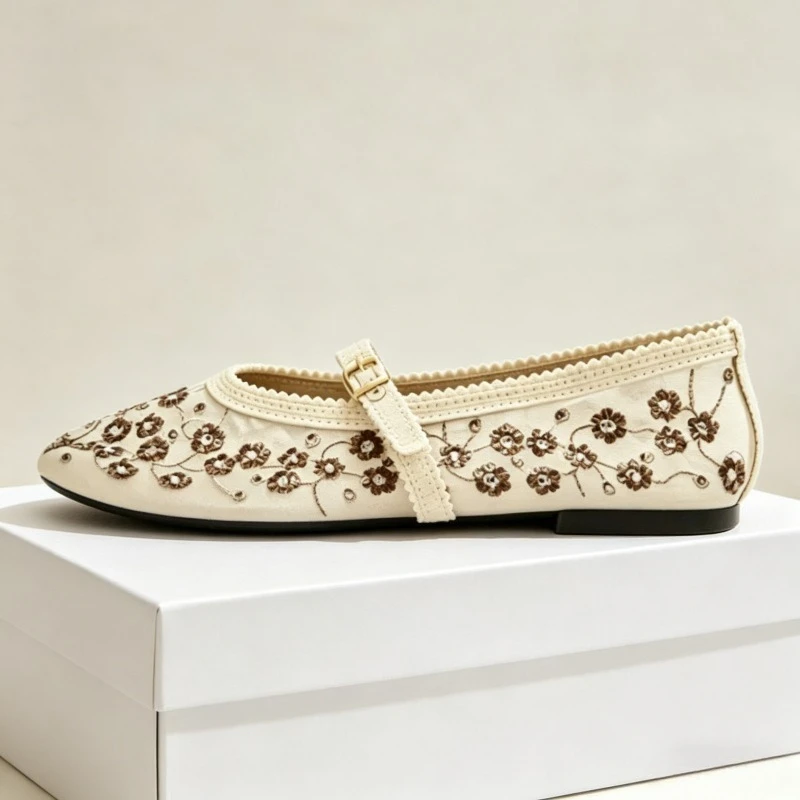 

Luxury Embroidered Mesh Ballet Flats Women Round Toe Rhinestone Designer Mary Jane Shoes Comfort Flower Elegant Women's Shoes