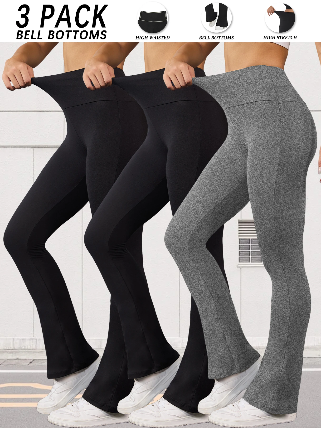 

3 Pack Women's Super Soft Flare Pants High Waisted Tummy Control Workout Yoga Push Up Gym Fitness Long Leggings Bell Bottoms