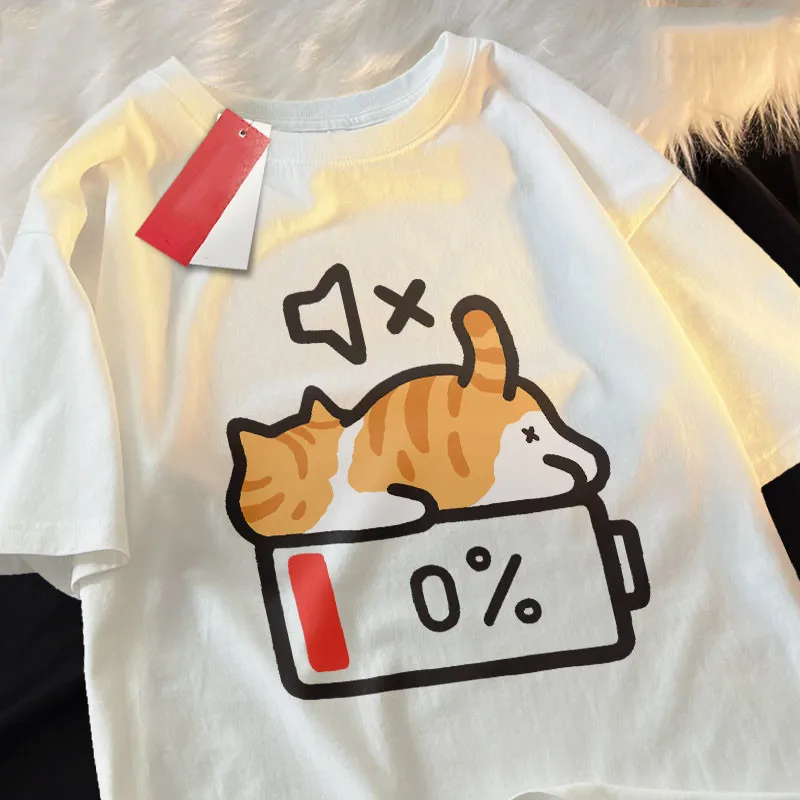Funny Low Battery Orange Cat Graphic T Shirt Men Women Funny Sleepy Kitten Print Short Sleeve Tee Casual Unisex Streetwear Tops