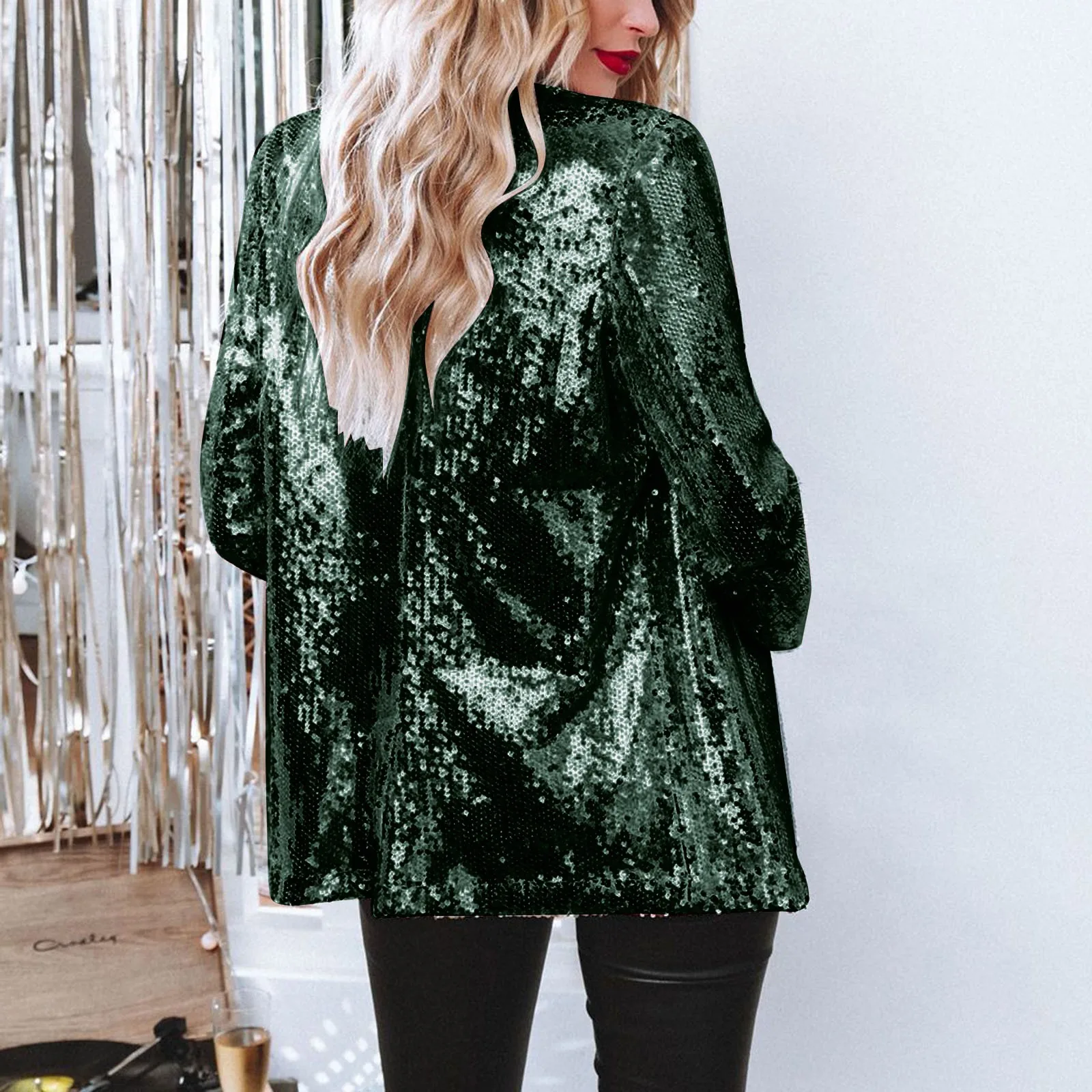 Sequin Glitter Party Open Front Casual Suit Coat Long Sleeve Shiny Lapel Rave Outerwear Autumn Winter Loose Fit Blazer Women