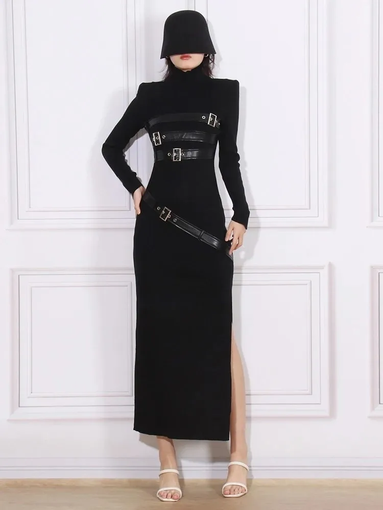 TWOTWINSTYLE Solid Patchwork Belt Dresses For Women Stand Collar Long Sleeve High Waist Slimming Split Dress Female Fashion 2023