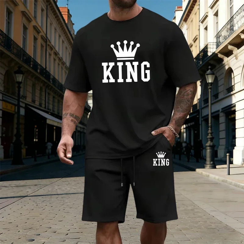 King Printing Mens T-Shirt Tracksuit Summer Casual O Neck Short Sleeves Shorts Outdoor Sports Jogging Adult Clothes Sportswear