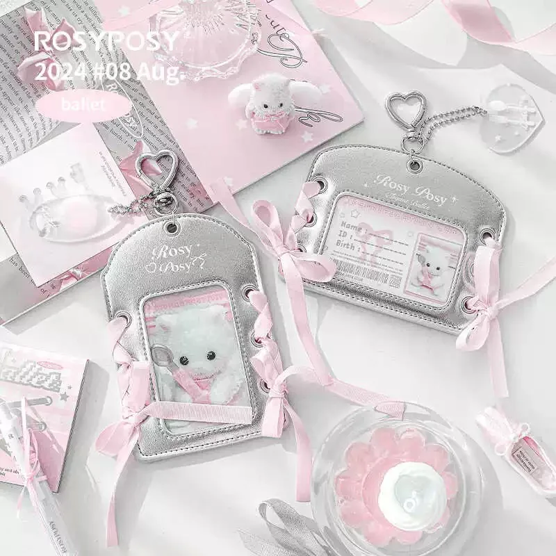 MINKYS Ins-Porte-cartes photo avec ruban en PU argenté, porte-cartes photo K-pop, porte-cartes photo, sac pendentif, école, papeterie, Kawaii, 3 po