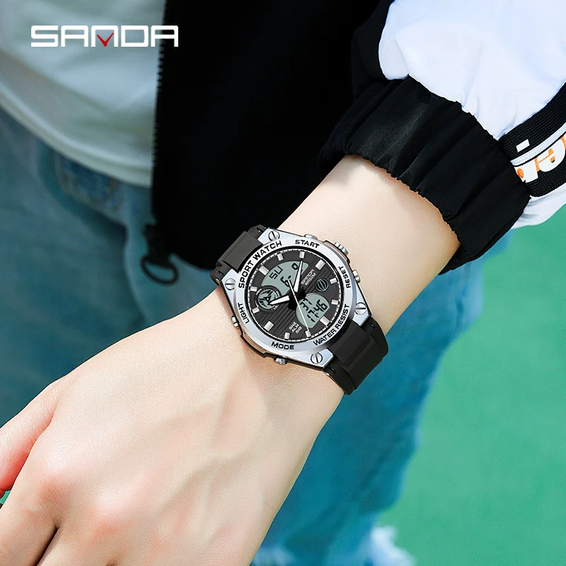 SANDA-reloj deportivo multifuncional para hombre y mujer, cronógrafo con pantalla Dual, LED luminoso, despertador, nuevo, 2023