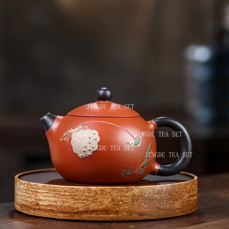250ml Yixing Purple Clay Xishi Teapot Red Black Zisha Tea Pot Lotus Bird Pattern Painted Kung Fu Tea Maker Home Tea Ceremony