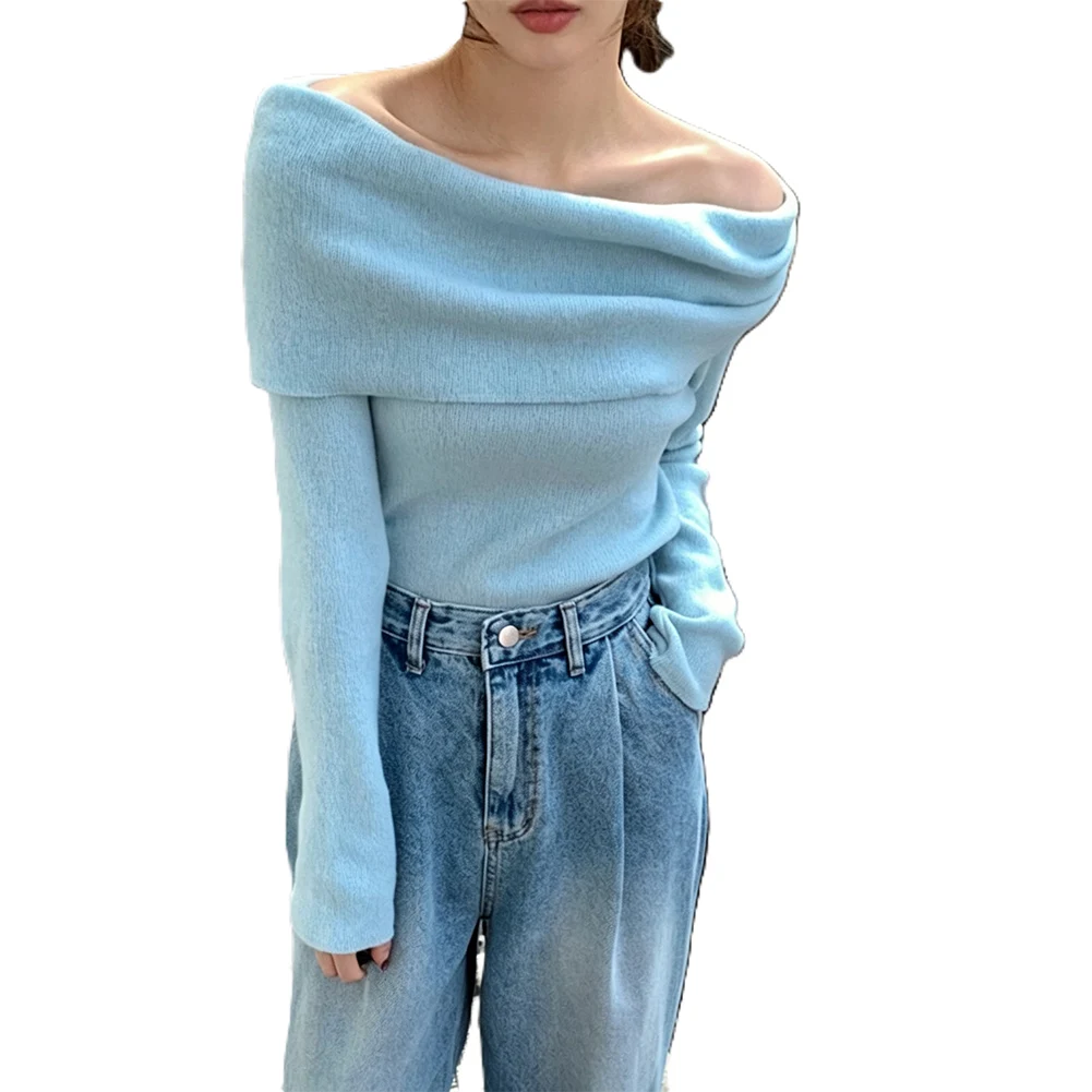 Womens Solid Color Knit Sweater One Shoulder Long Sleeve Regular Length Polyester Fabric for Beach Vacation Office or Cycling
