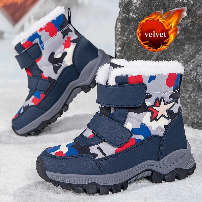 

High Quality Snow Boots For Boys Winter Blue High Top Sneakers Kids Warm Plush Boots Outdoor Non-slip Children's Sports Shoes