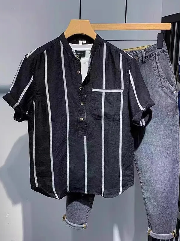 

Loose Fit Summer Thin Striped ort Sve irt Men's Trendy Haome Stand Collar Overhead Japanese Sle Breathable T-irt