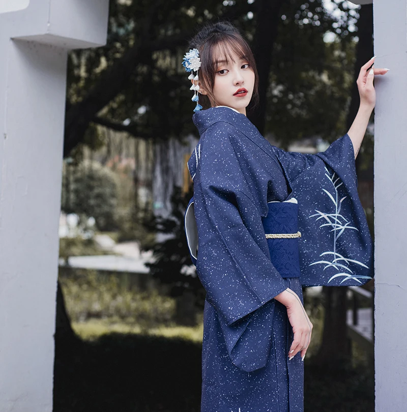 Women's Japanese Traditional Kimono Blue Color Formal Yukata Photography Clothing Performing Dress Cosplay Wear