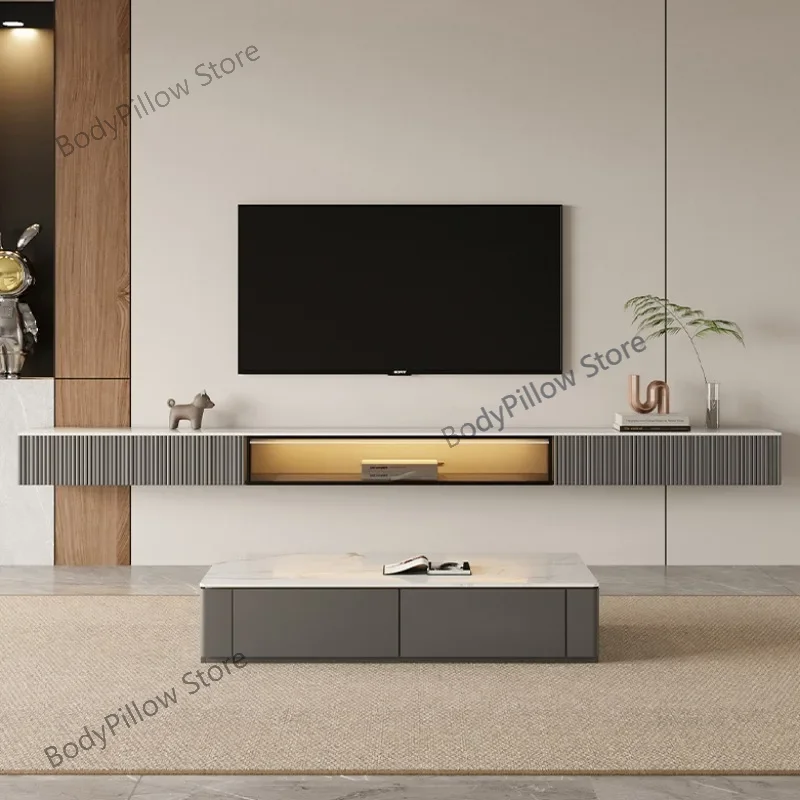 Nordic Solid Wood Suspended LED Smart Light TV Cabinets Living Room Furniture Modern Hanging Slate Luxury Wall  Stands d