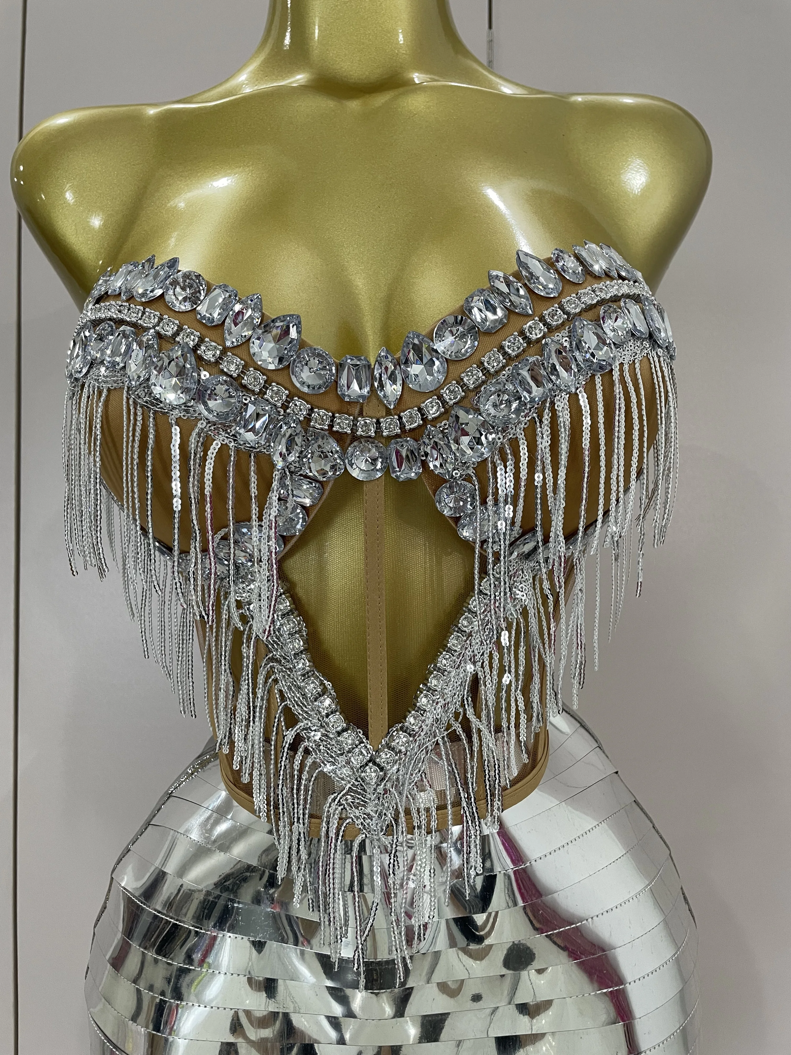 Women Sparkly Rhinstones Tassels Strapless Top Skirt Two-piec Set Sexy Designer Nightclub Evening Birthday Party Stage Outfit