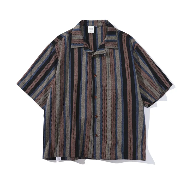 

Летняя новинка: мужская рубашка в японском стиле с коротким рукавом, полосатая, с отложным воротником, универсальная, повседневная, в стиле ретро.